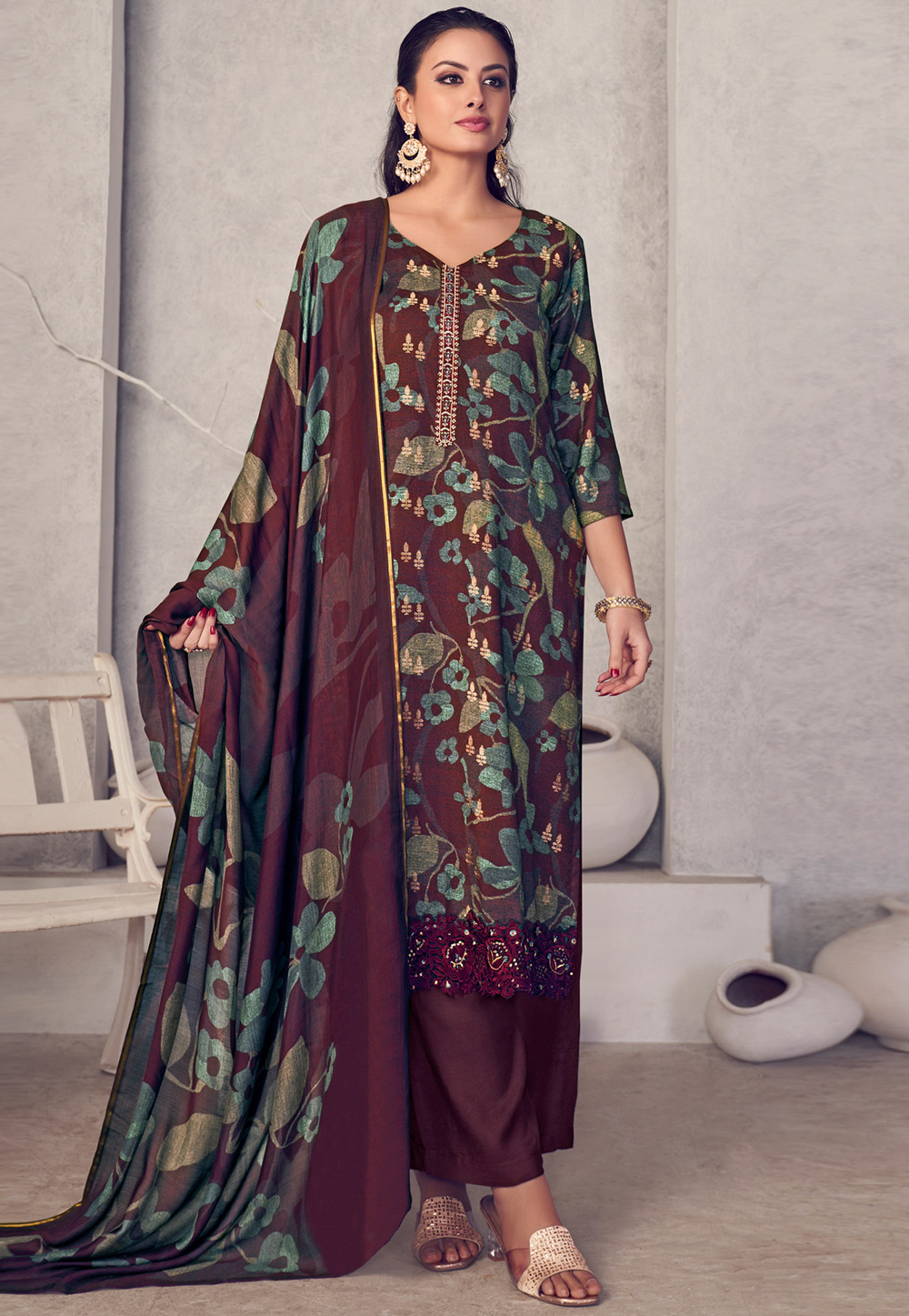Maroon Pashmina Palazzo Suit 309879