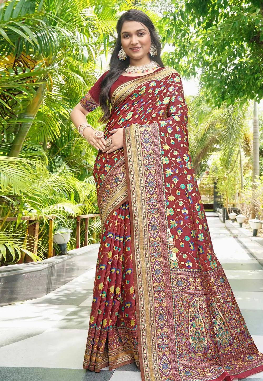 Maroon Pashmina Saree With Blouse 296214