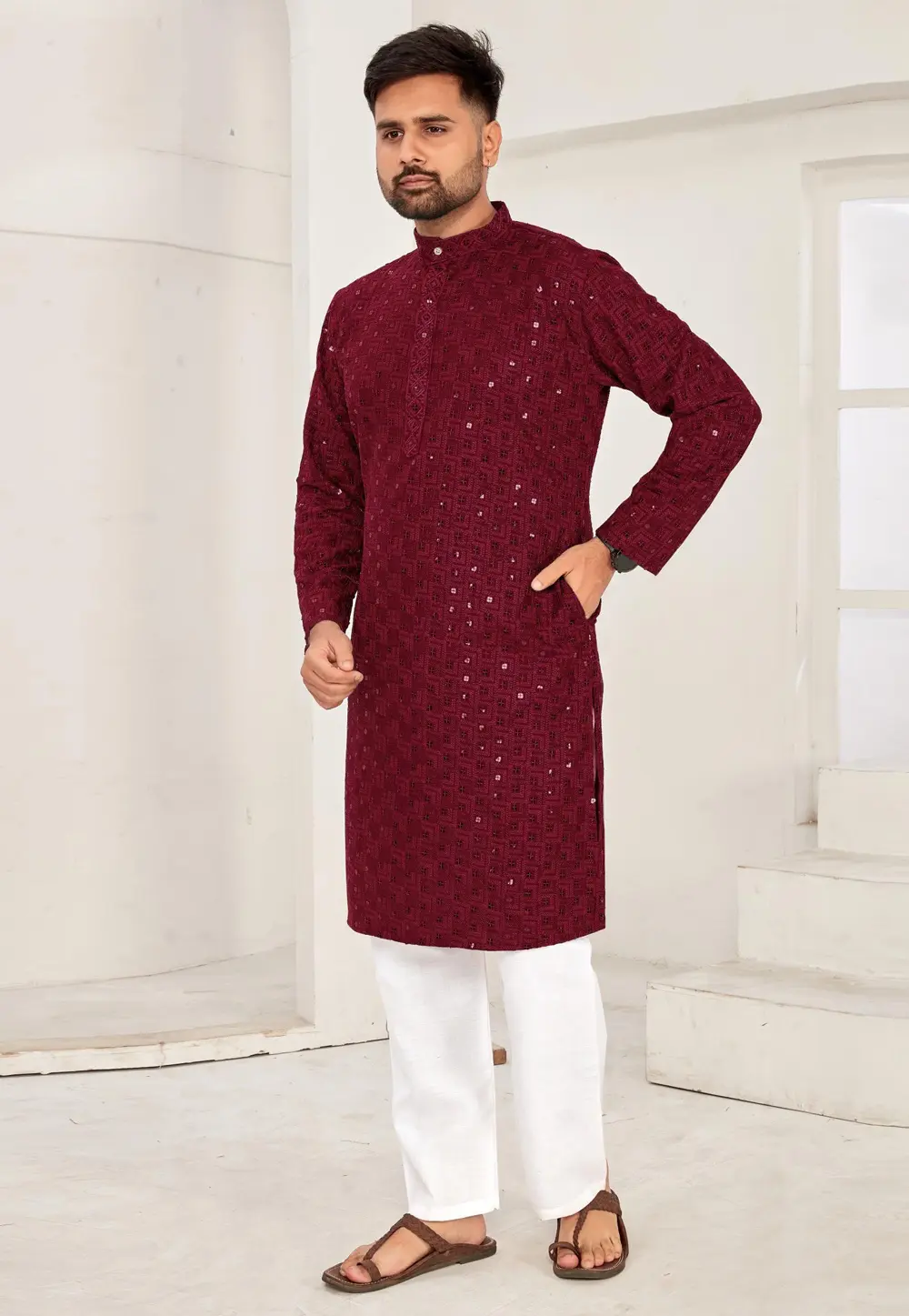 Maroon Rayon Kurta Pajama 298126