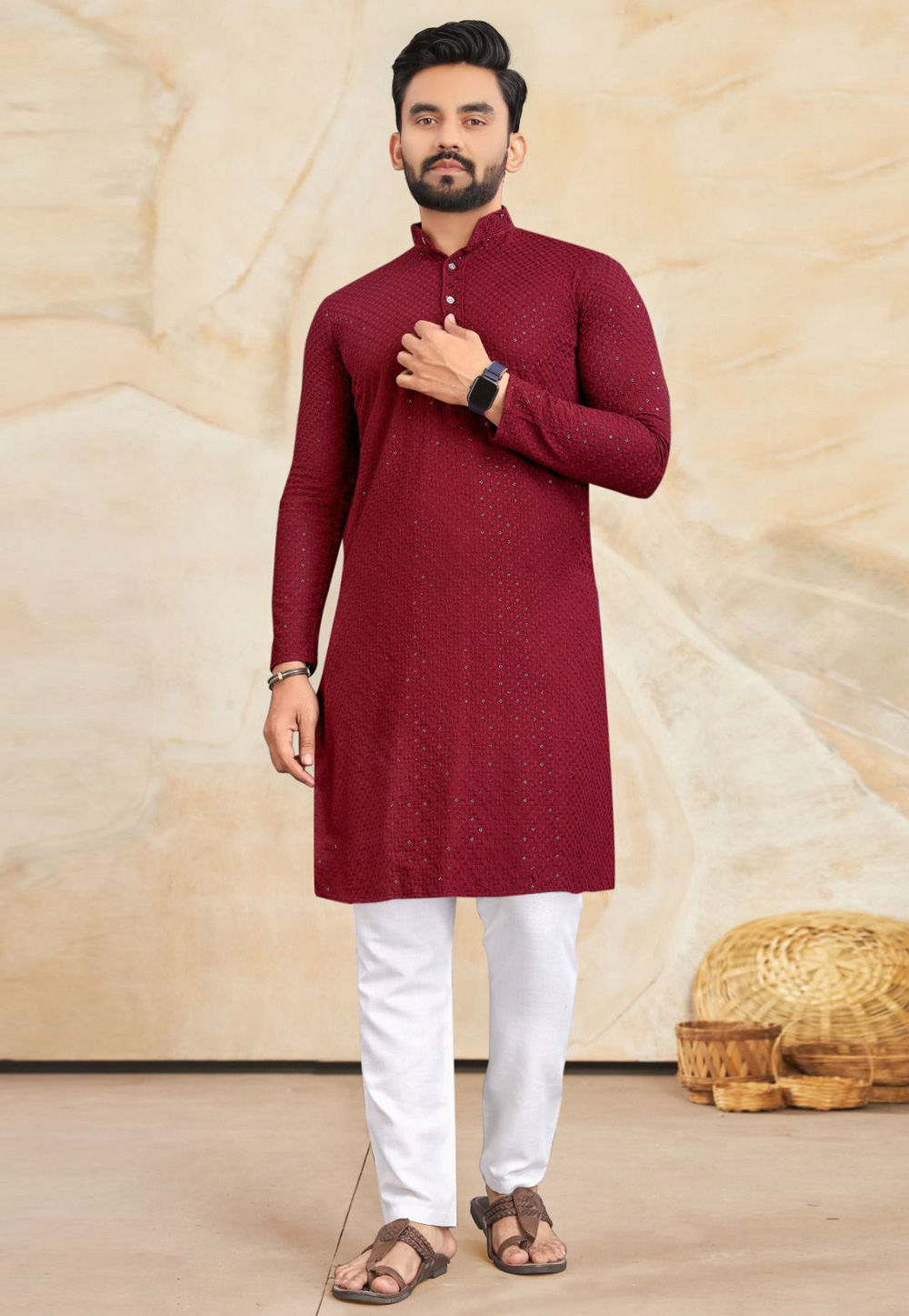 Maroon Rayon Kurta Pajama 305784