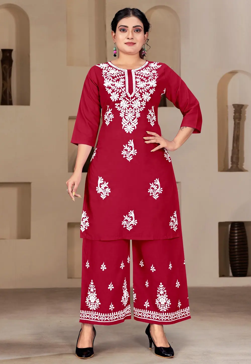 Maroon Rayon Kurta Set With Palazzo 300478