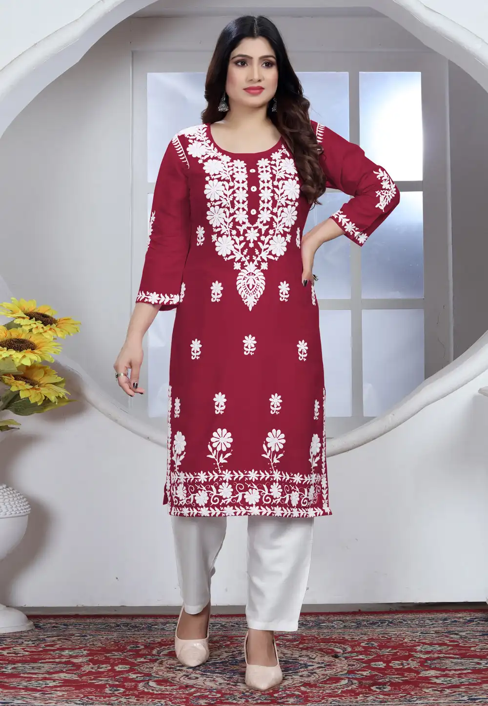 Maroon Rayon Kurta Set With Pent 289030