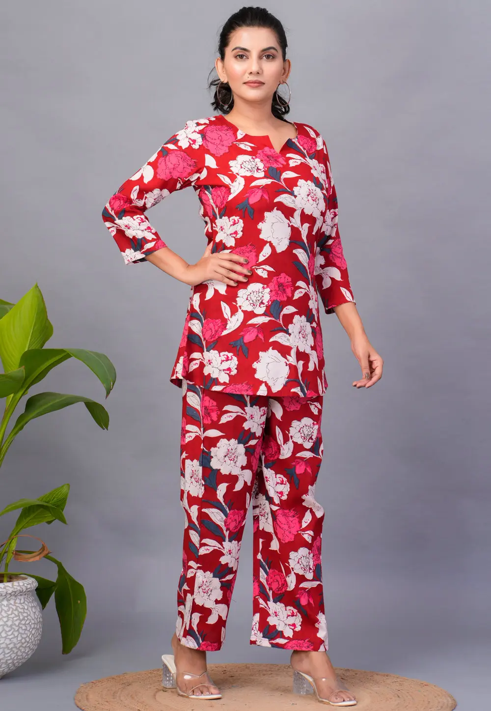 Maroon Rayon Printed Co-Ords Set 302991