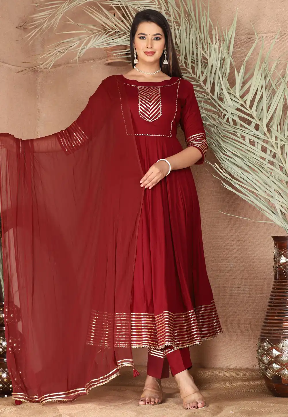 Maroon Rayon Readymade Anarkali Suit 292762