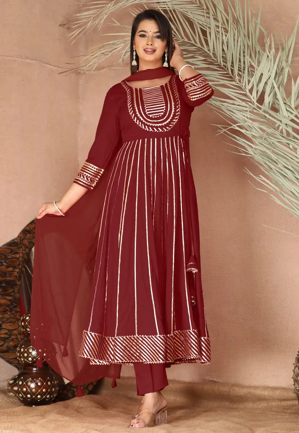 Maroon Rayon Readymade Anarkali Suit 292774