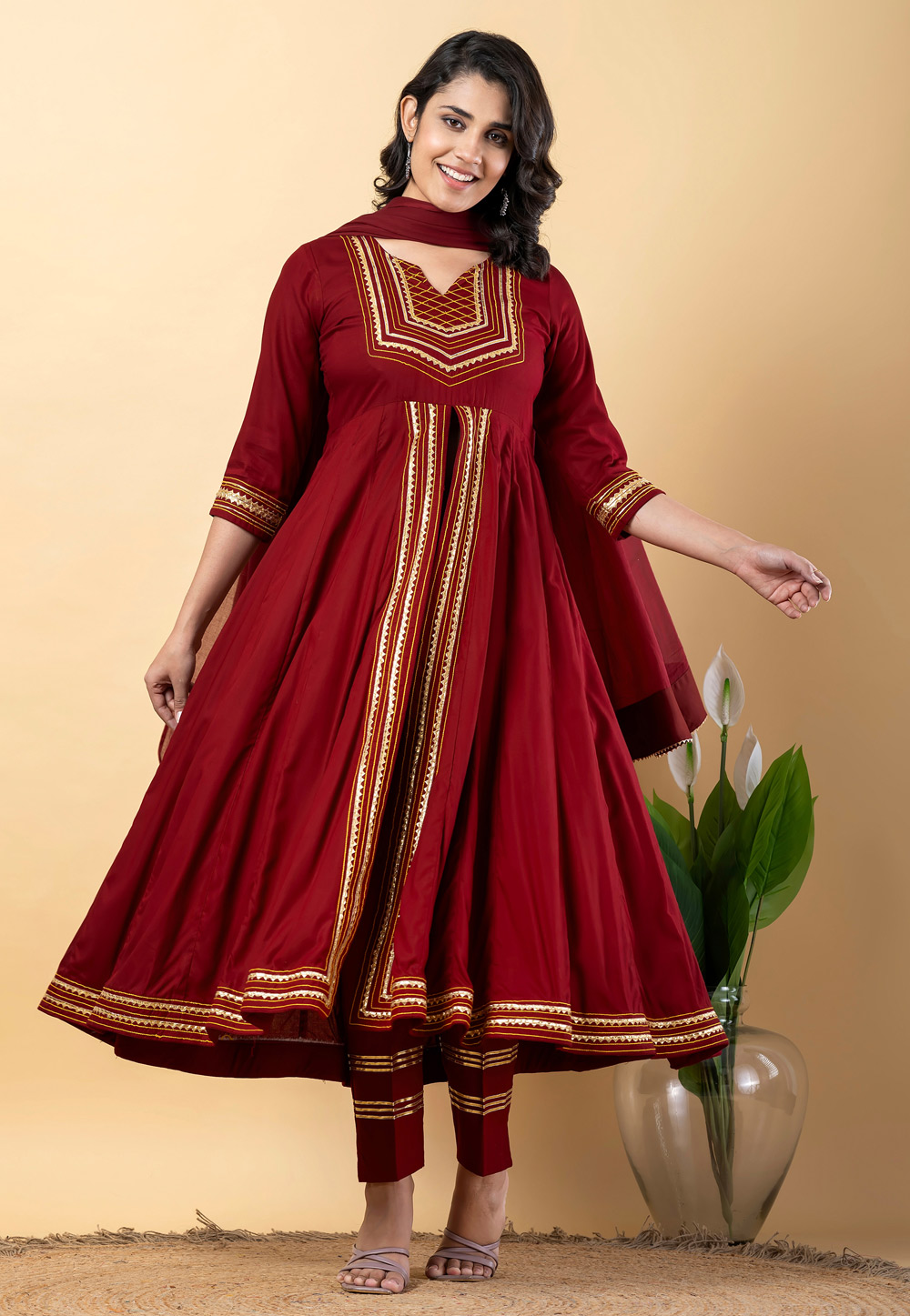 Maroon Rayon Readymade Center Slit Anarkali Suit 309281