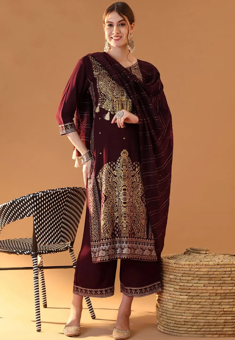 Maroon Rayon Readymade Palazzo Suit 301913