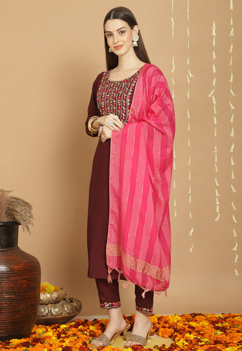 Maroon Rayon Readymade Pant Style Suit 279120