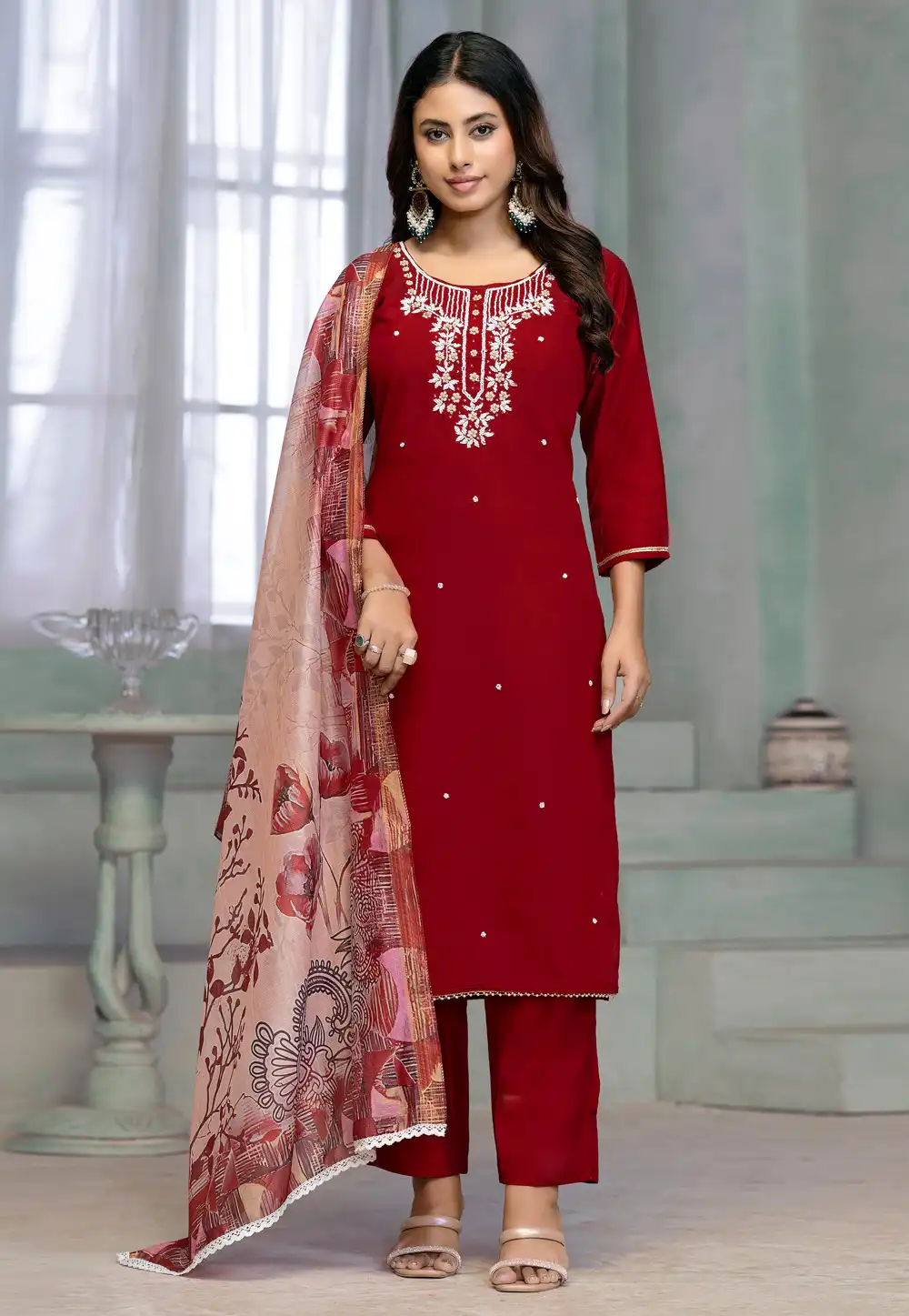 Maroon Rayon Readymade Pant Style Suit 290791