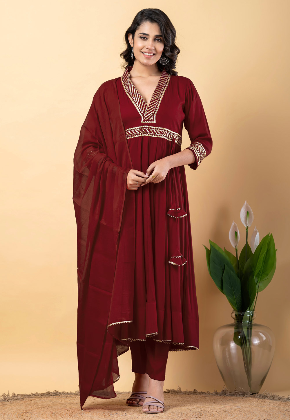 Maroon Rayon Readymade Pant Style Suit 306186