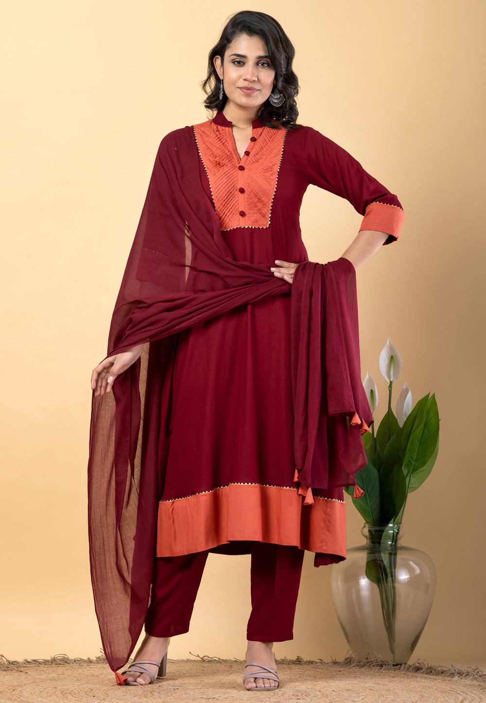 Maroon Rayon Readymade Pant Style Suit 306580