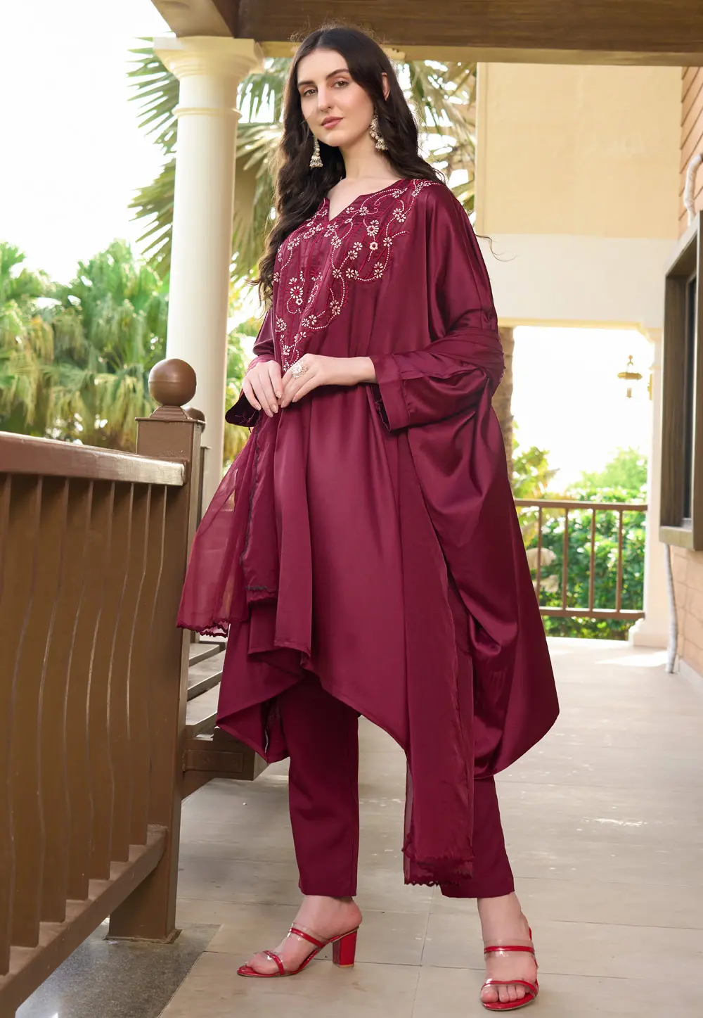 Maroon Satin Asymmetrical Anarkali Suit 303337