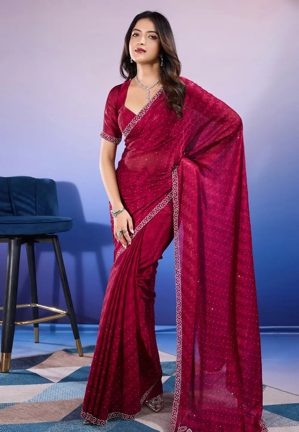 Maroon Satin Chiffon Saree With Blouse 297712