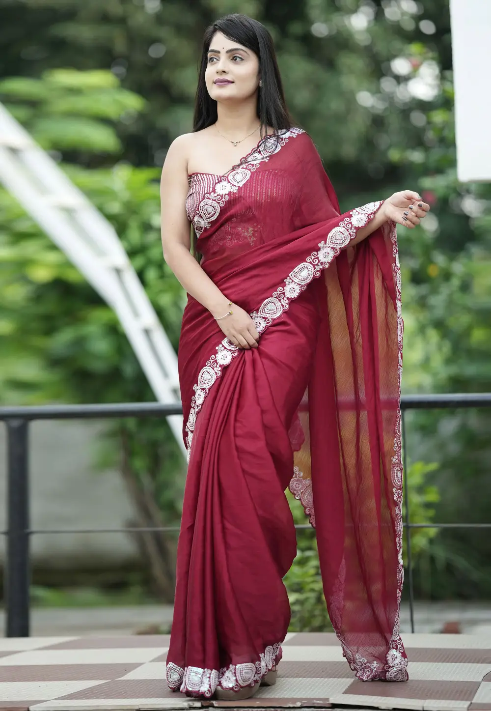 Maroon Satin Chiffon Saree With Blouse 297197