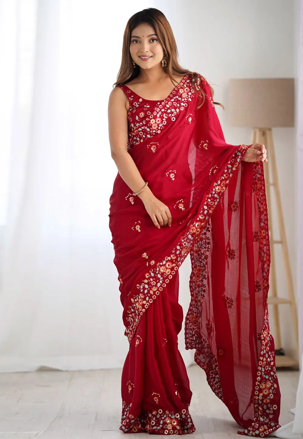 Maroon Satin Chiffon Saree With Blouse 300320