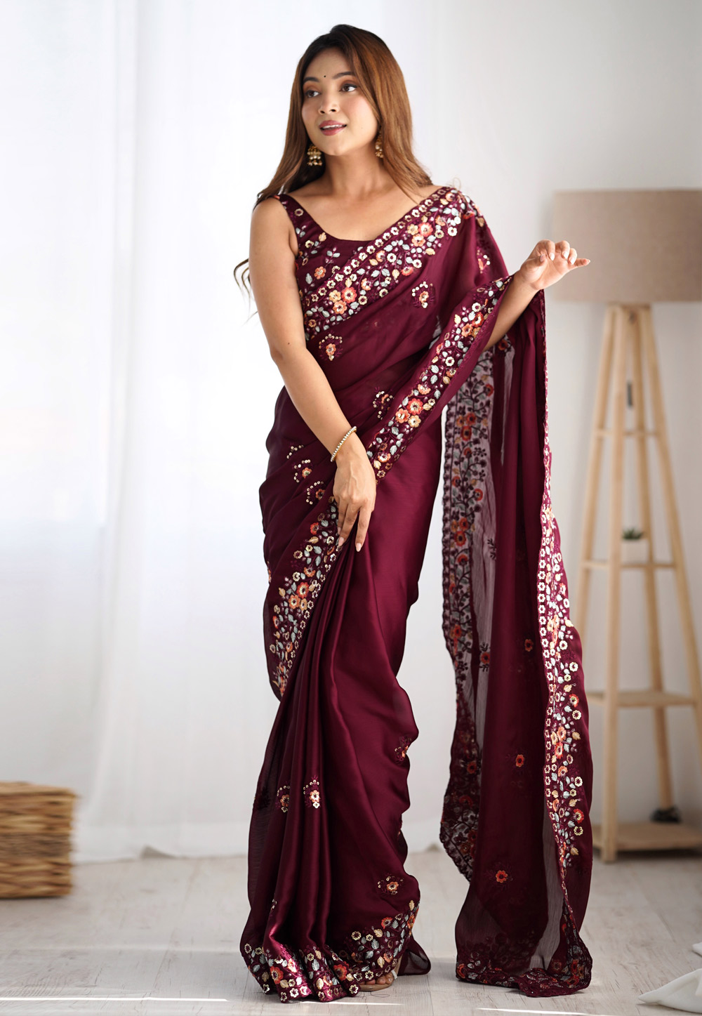 Maroon Satin Chiffon Saree With Blouse 310277