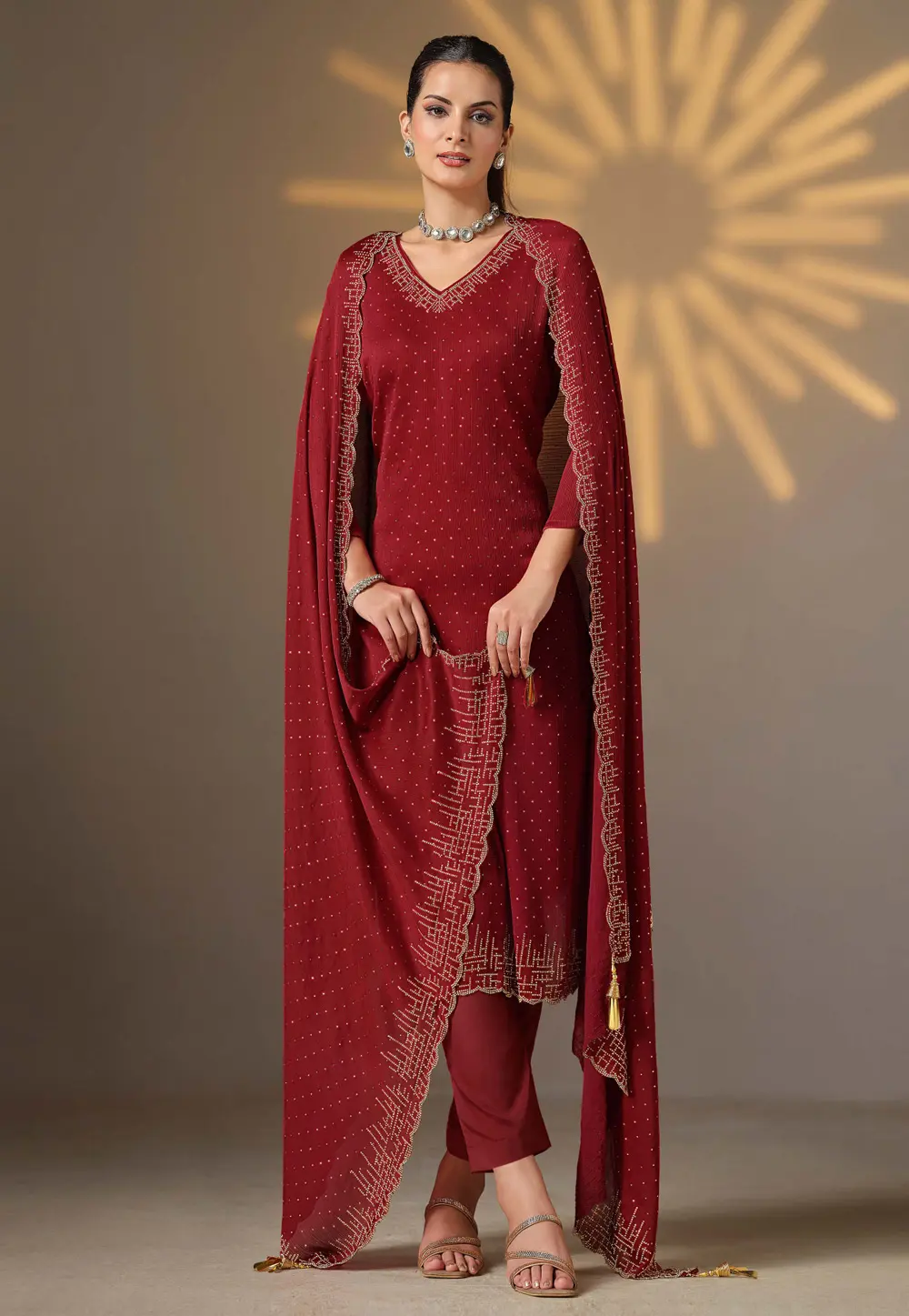 Maroon Satin Chiffon Straight Suit 297308