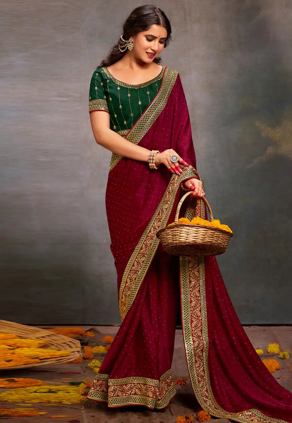 Maroon Satin Saree With Blouse 291975