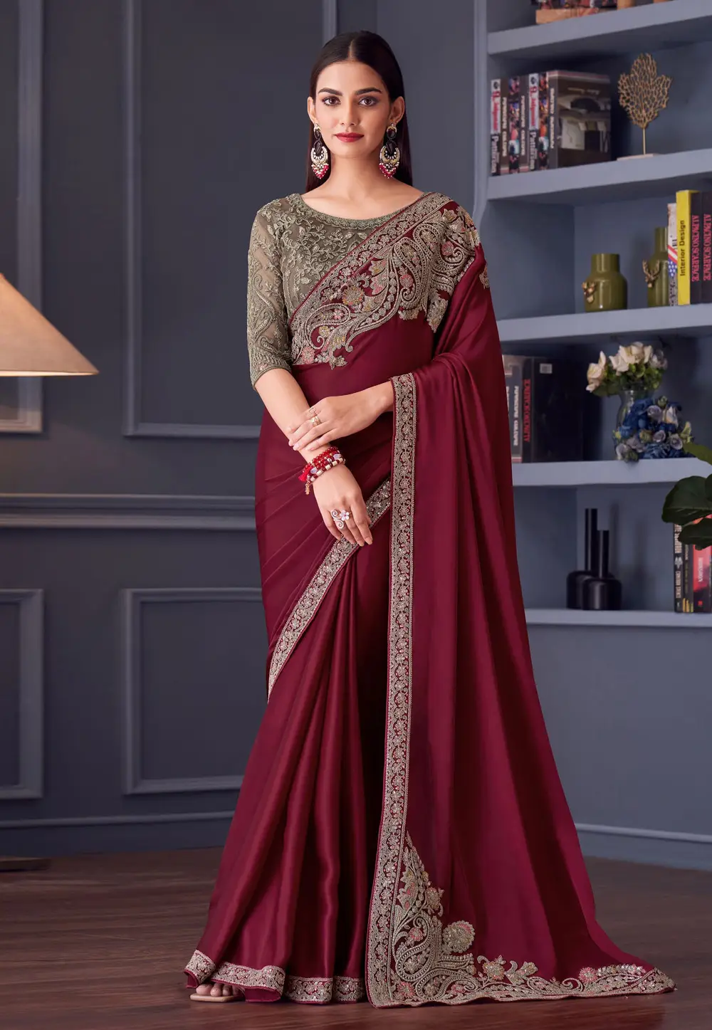 Maroon Satin Silk Designer Saree 296337