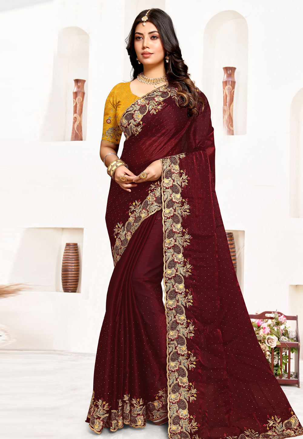 Maroon Satin Silk Saree With Blouse 286498