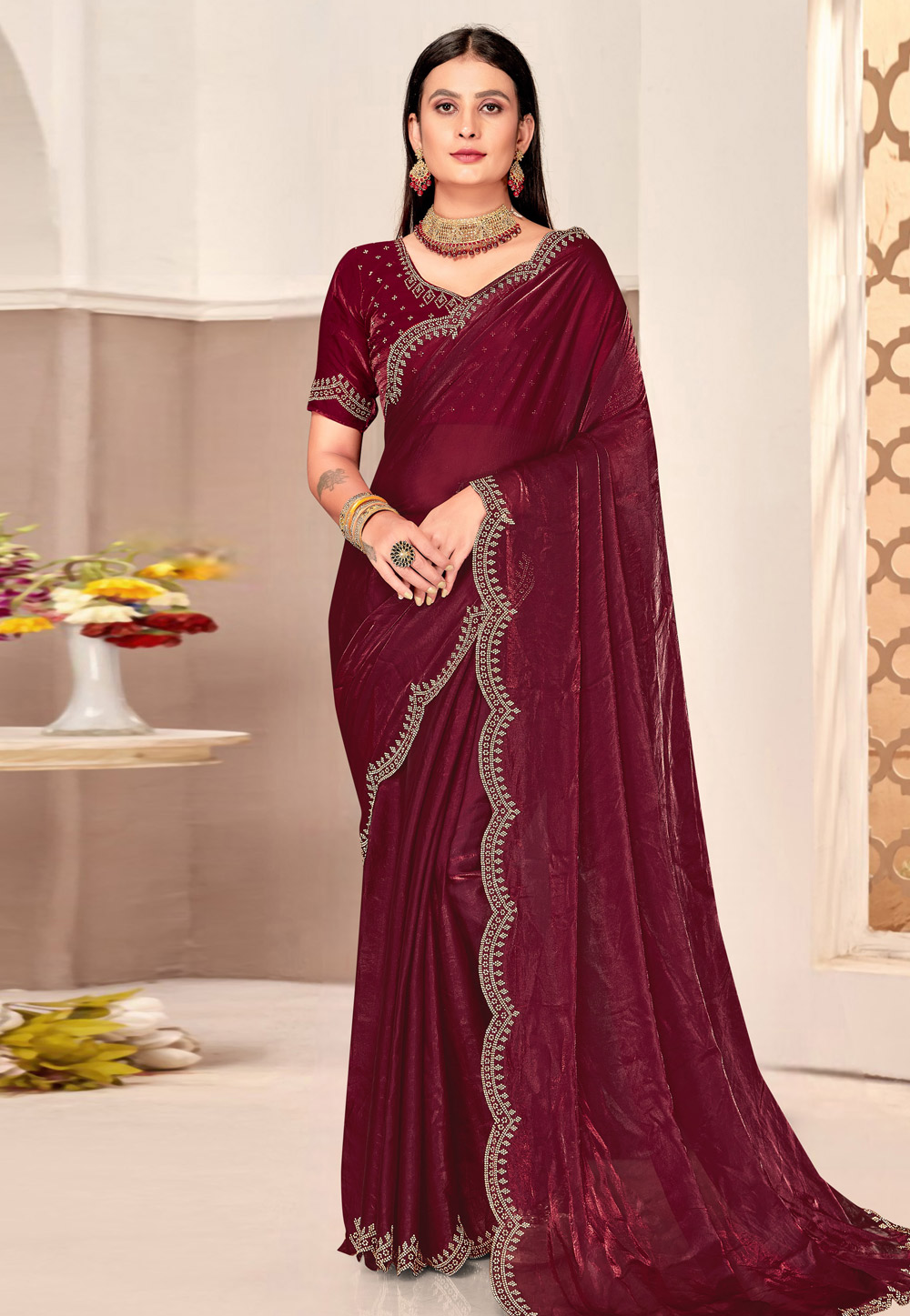 Maroon Satin Silk Saree With Blouse 311029