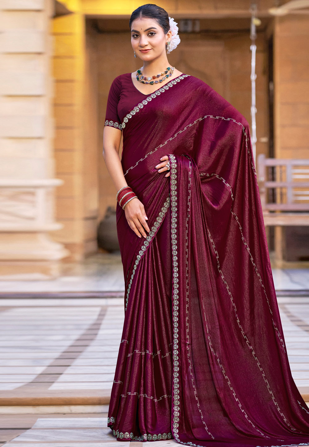 Maroon Shimmer Chiffon Saree With Blouse 309786