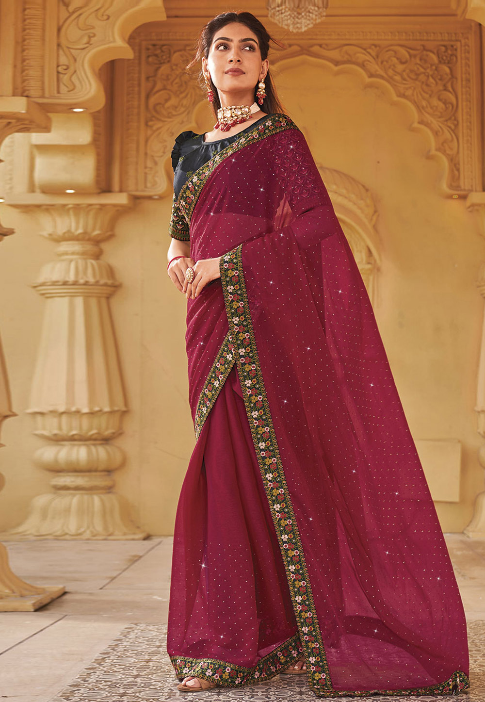 Maroon Shimmer Saree With Blouse 279940