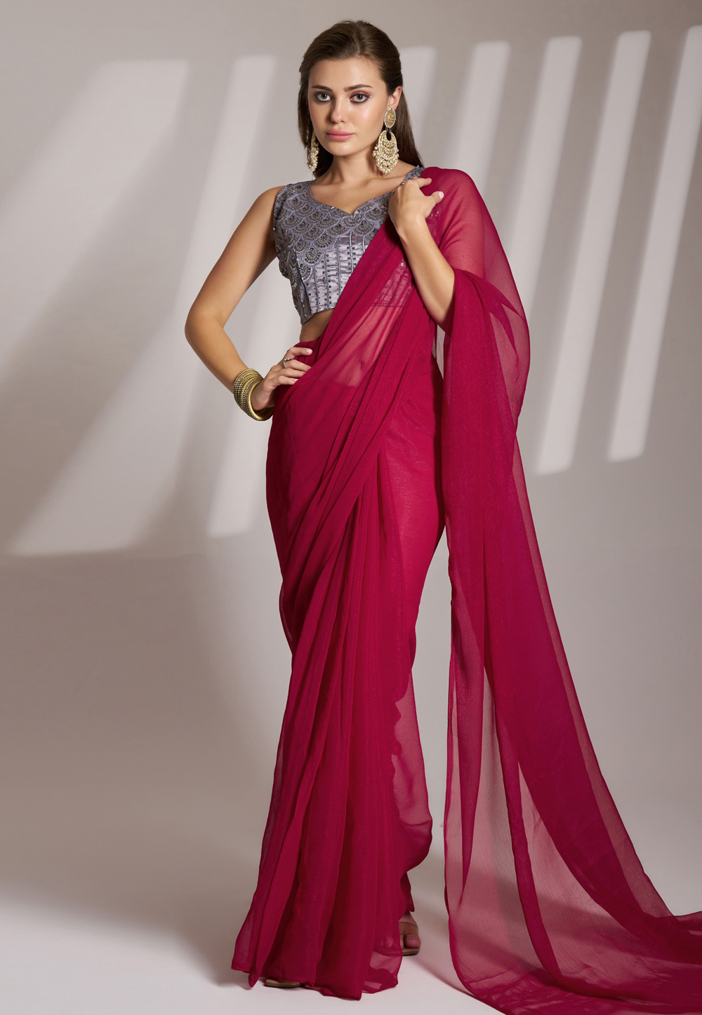 Maroon Shimmer Saree With Blouse 304966