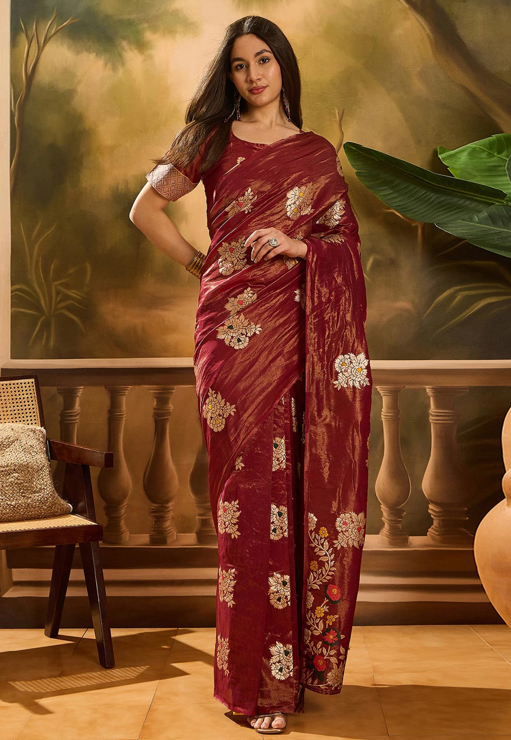 Maroon Shimmer Saree With Blouse 310679