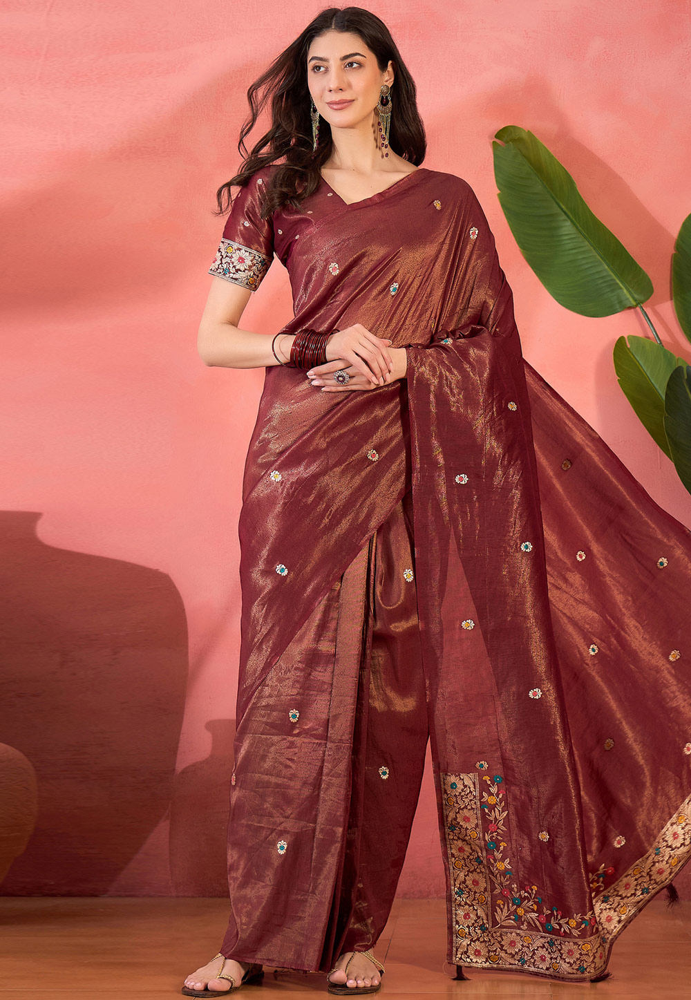 Maroon Shimmer Saree With Blouse 310828