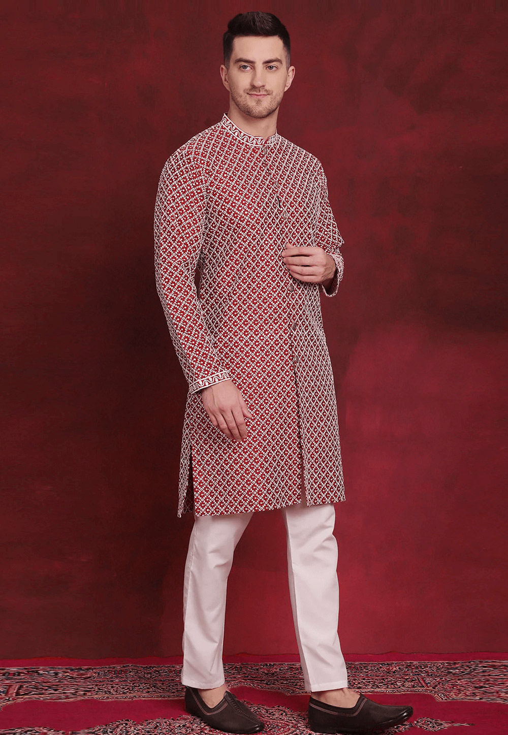 Maroon Silk Cotton Indo Western Suit 287737