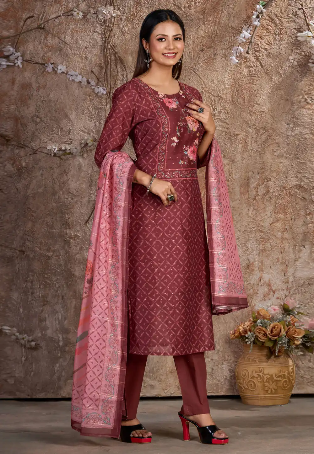 Maroon Silk Cotton Readymade Pakistani Suit 289183