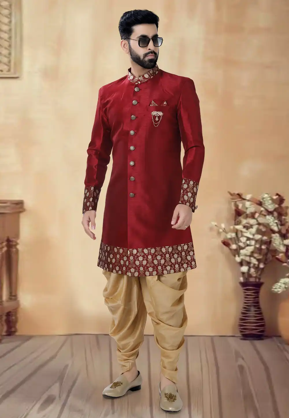 Maroon Silk Dhoti Sherwani 292412