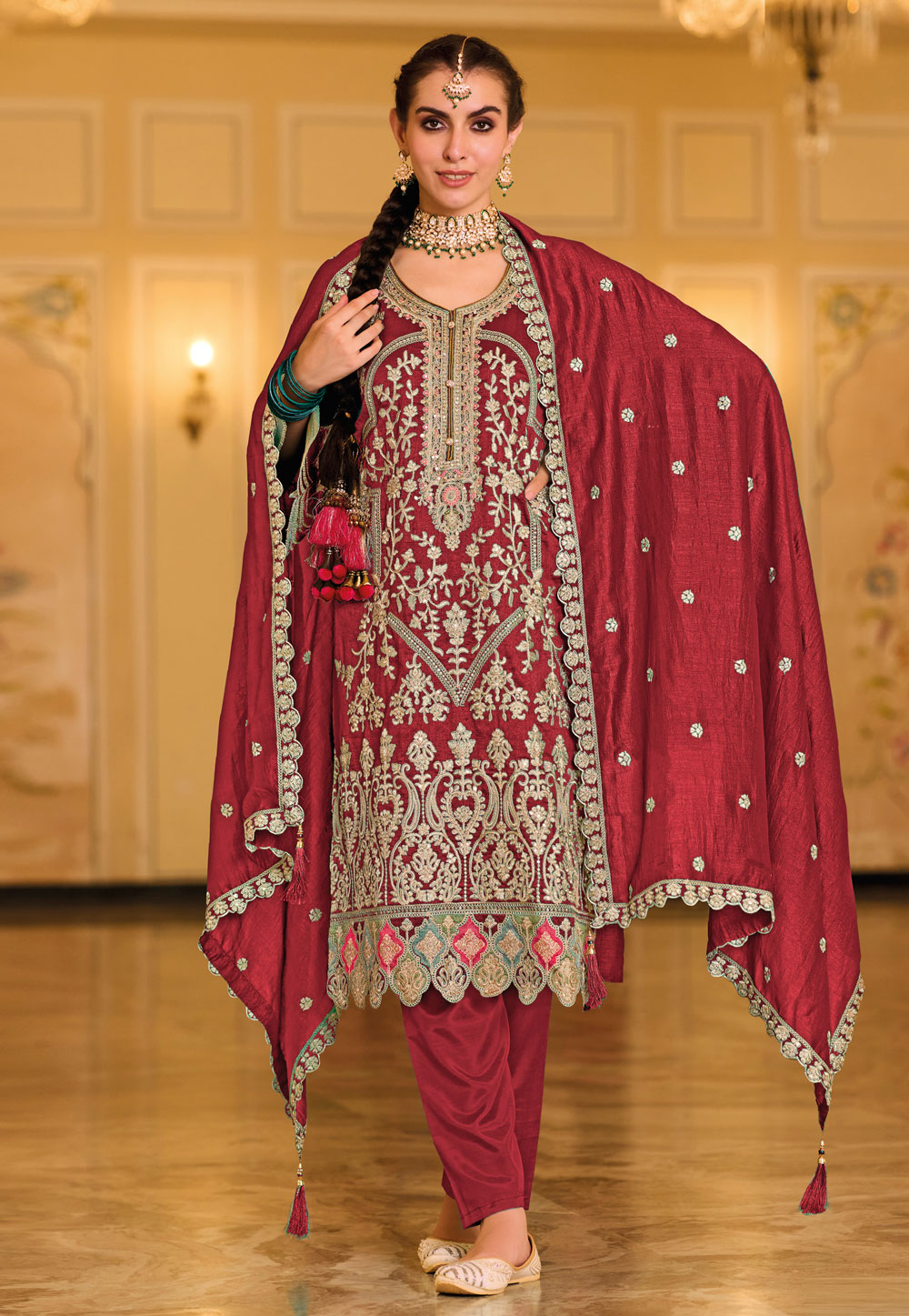 Maroon Silk Embroidered Pakistani Suit 281276
