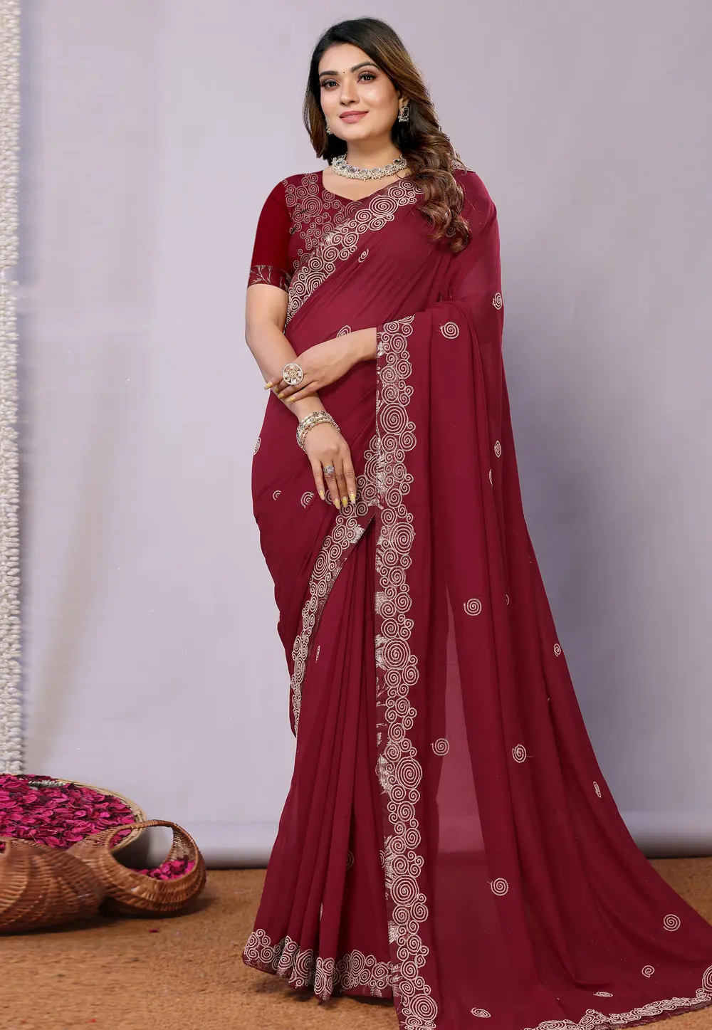 Maroon Silk Georgette Saree With Blouse 299502