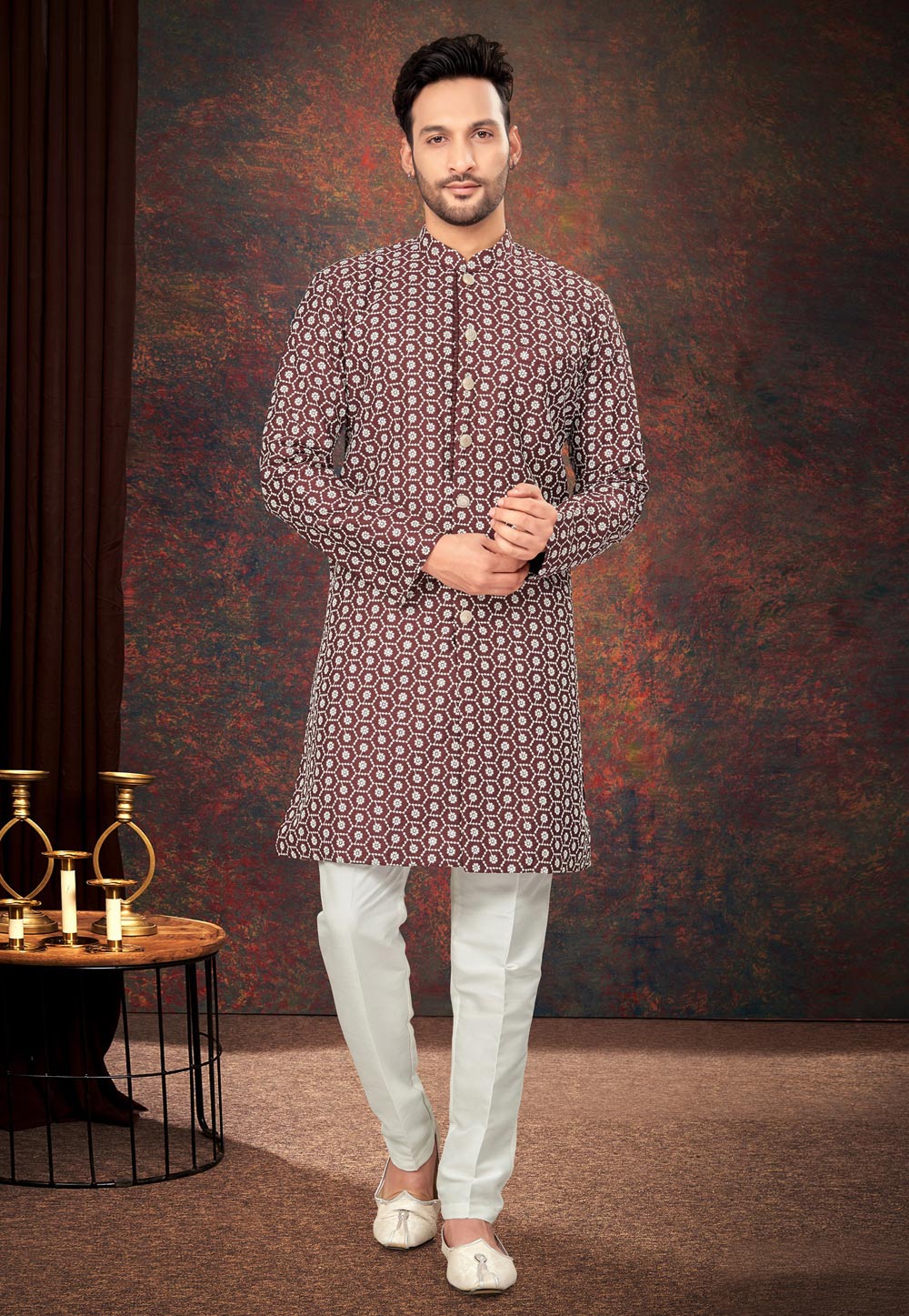 Maroon Silk Indo Western Suit 284013