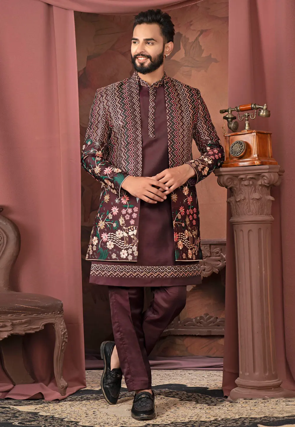 Maroon Silk Indo Western Suit 302419