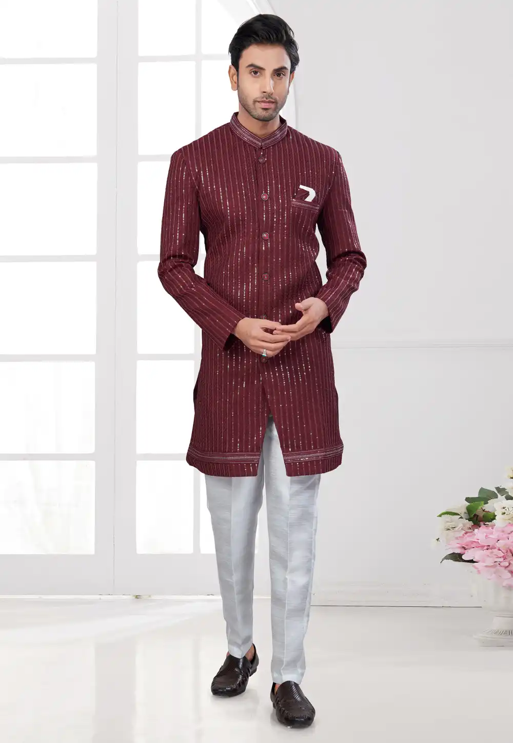 Maroon Silk Indo Western Suit 294575