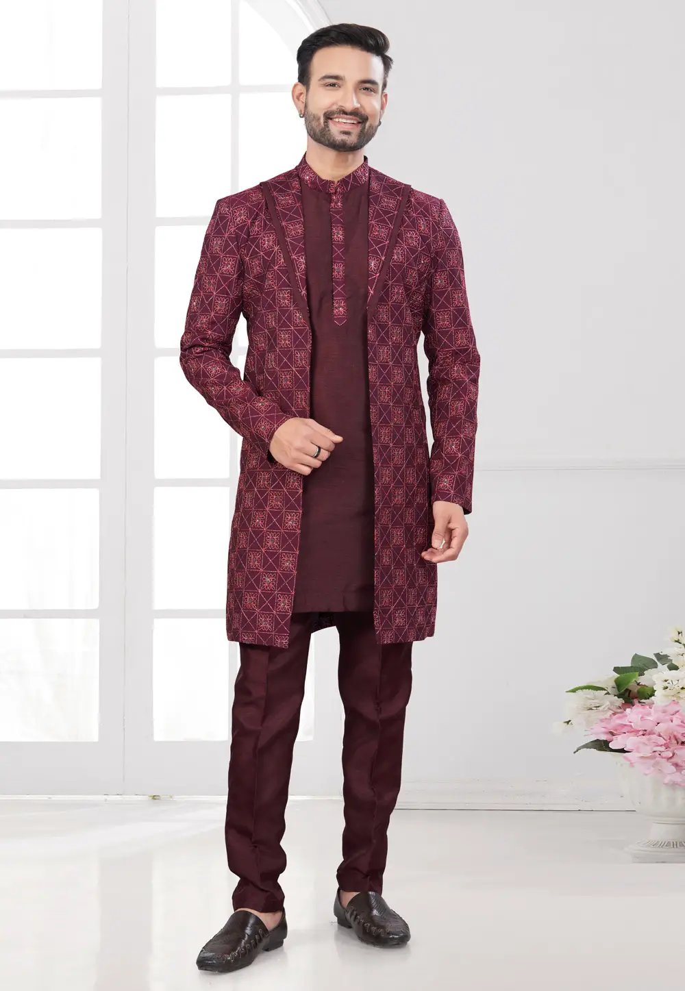 Maroon Silk Indo Western Suit 295592