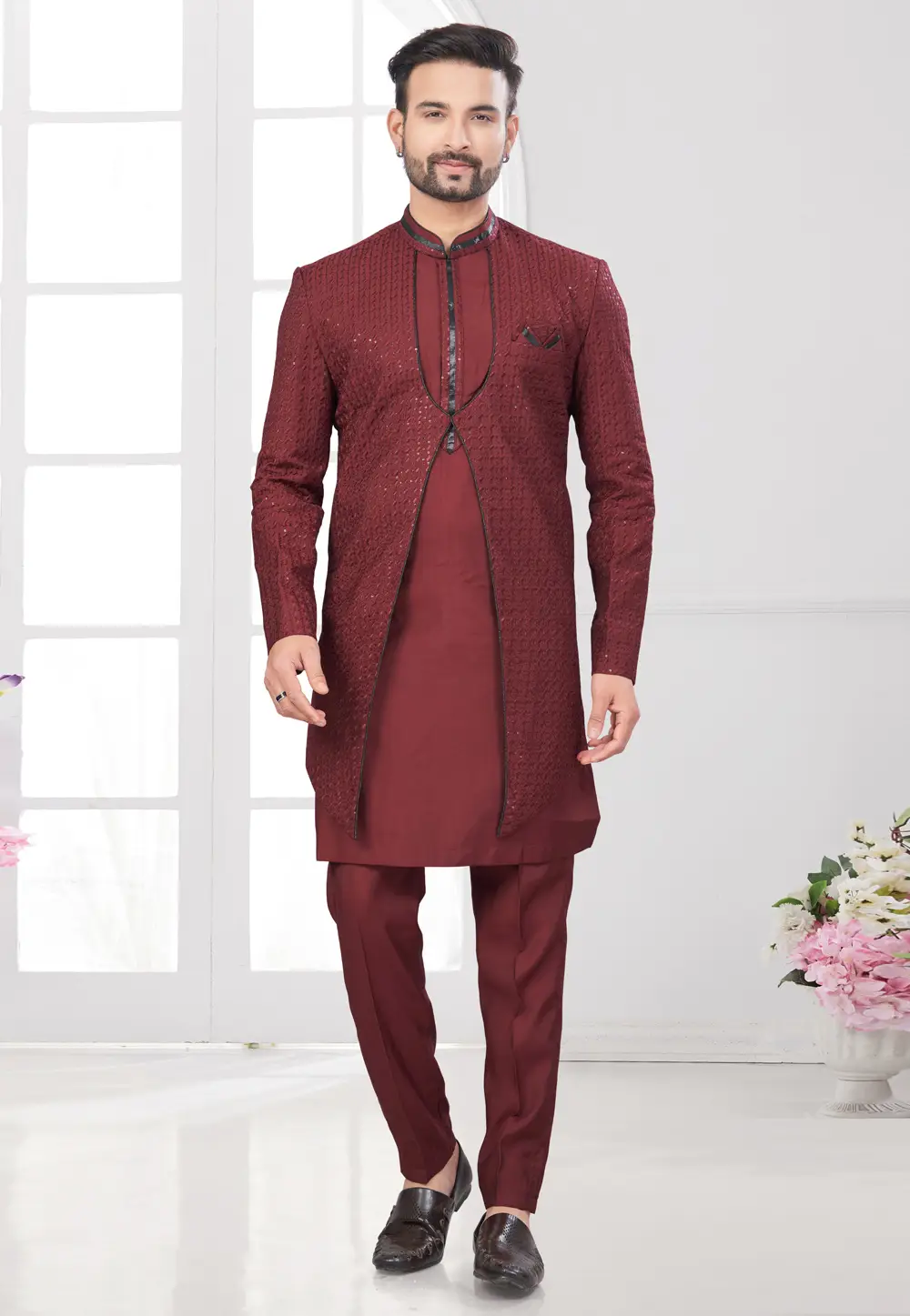 Maroon Silk Indo Western Suit 295607