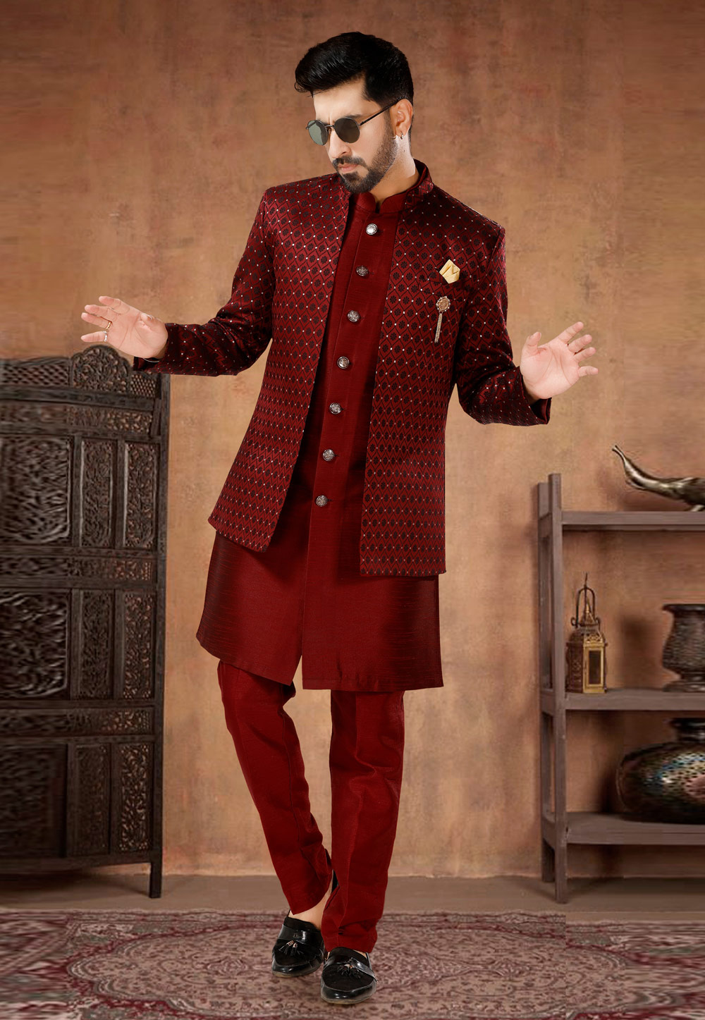 Maroon Silk Indo Western Suit 282971
