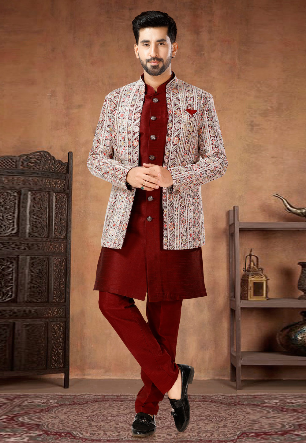 Maroon Silk Indo Western Suit 282973