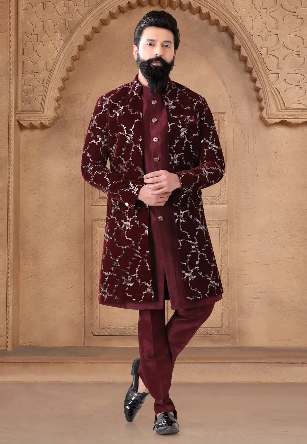 Maroon Silk Indo Western Suit 287928