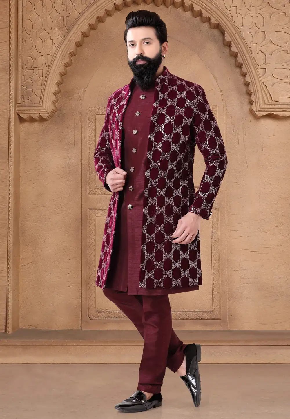 Maroon Silk Indo Western Suit 287929