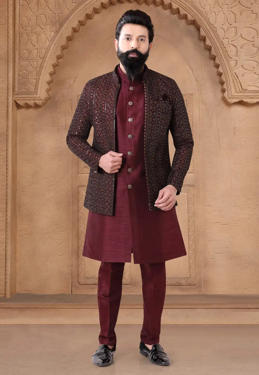 Maroon Silk Indo Western Suit 287930