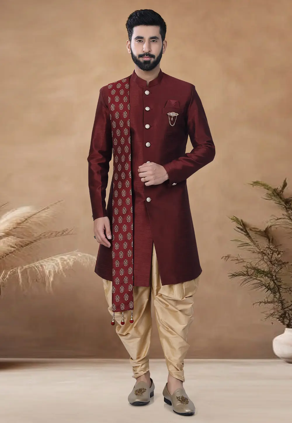 Maroon Silk Indo Western Suit 298594