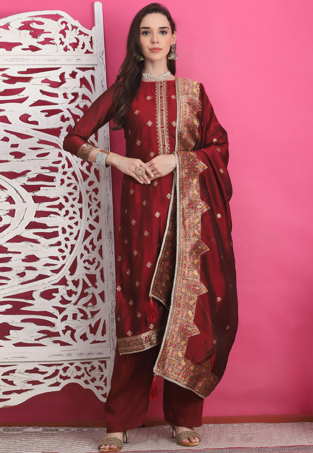 Maroon Silk Jacquard Pant Style Suit 310135