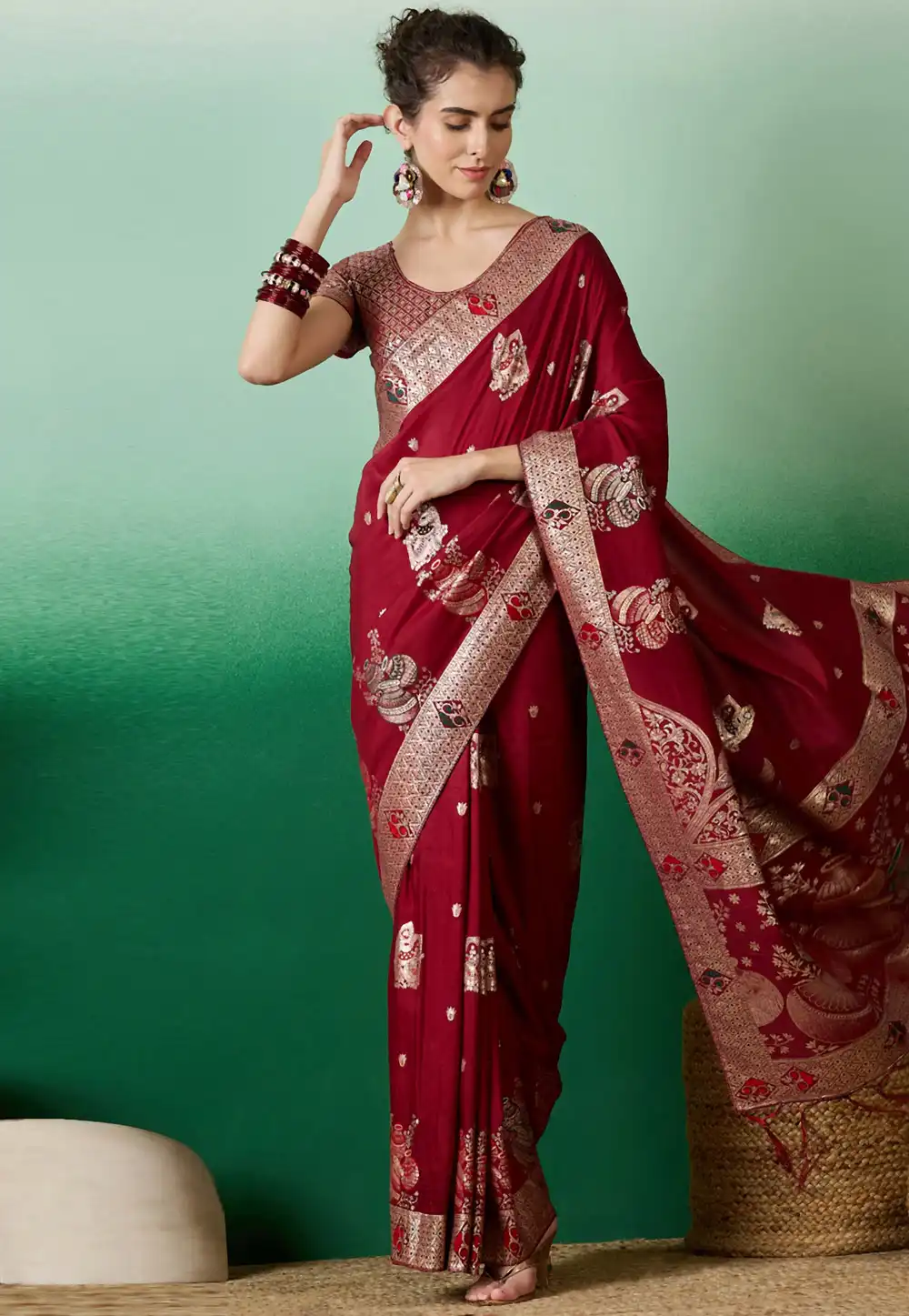 Maroon Silk Jacquard Saree With Blouse 289595