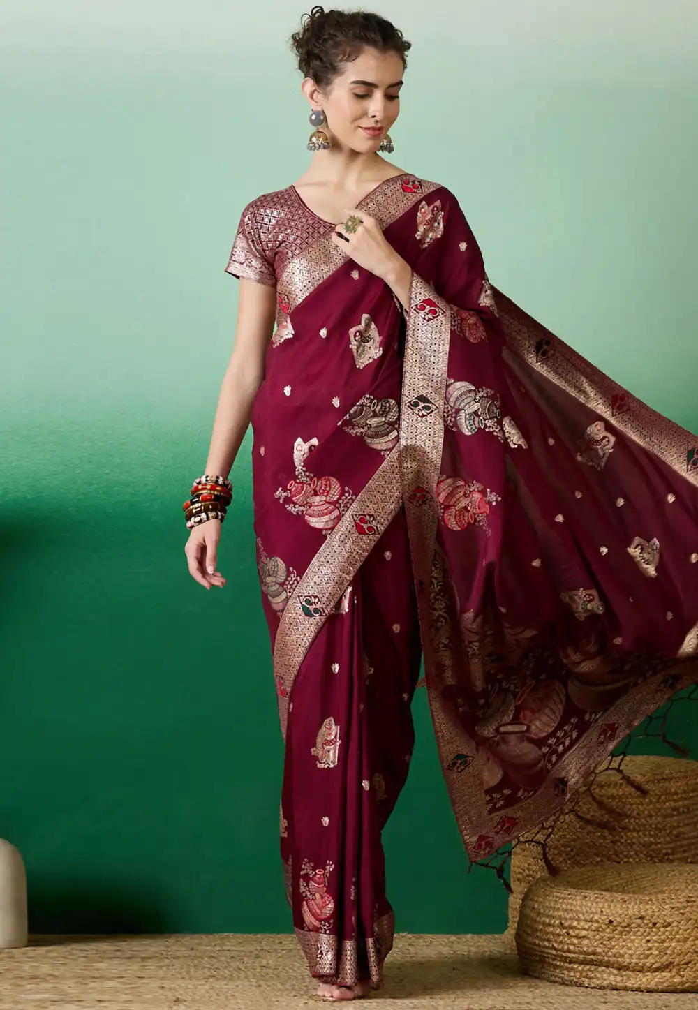 Maroon Silk Jacquard Saree With Blouse 289597