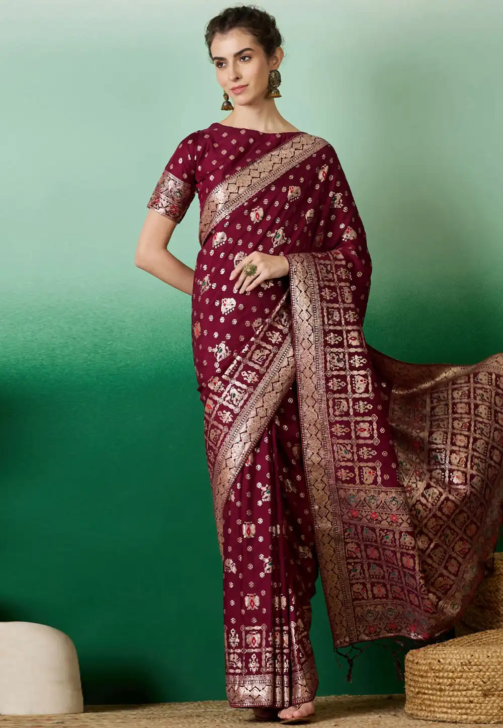 Maroon Silk Jacquard Saree With Blouse 289602